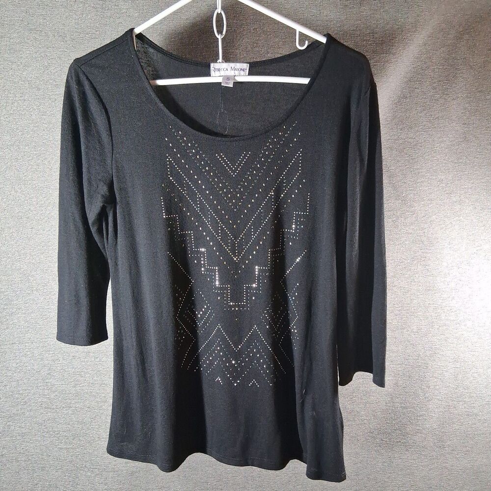Rebecca Malone Studded Top Small Black Geometric Rhinestone 3/4 Sleeve Scoop